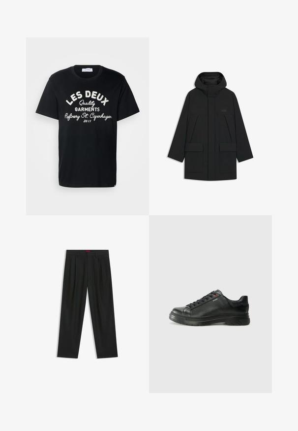 Black puffer jacket with a hood, featuring a zip closure, large front pockets, and a subtle logo on the chest. Smooth, lightweight fabric.; Les Deux BARRY - Print T-shirt - black; Black trousers with a pleated design, wide leg shape, and a smooth texture. Features a red waistband tag.; Black leather sneaker with textured upper, padded collar, and red logo detail. Features a thick rubber sole with distinct tread pattern.