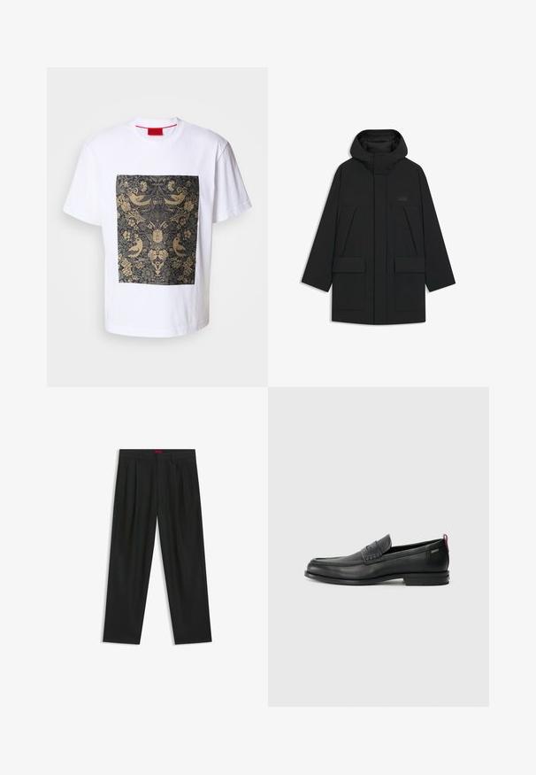 Black puffer jacket with a hood, featuring a zip closure, large front pockets, and a subtle logo on the chest. Smooth, lightweight fabric.; White cotton t-shirt with a square dark floral pattern featuring gold accents and bird motifs. Label "HUGO" at the top of the design.; Black trousers with a pleated design, wide leg shape, and a smooth texture. Features a red waistband tag.; Black leather loafers with a textured front panel and smooth sides. Features a slim heel and rear loop for easy wear. Classic design.
