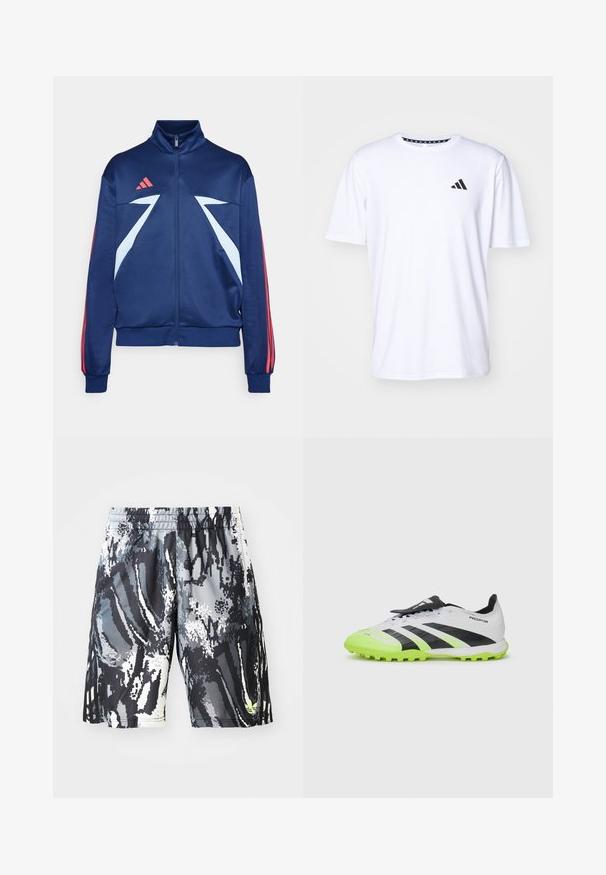 Námořnická modrá sportovní bunda s vysokým límcem, zapínáním na zip, světle modrými detaily a červenými pruhy na rukávech. Vyrobena z hladkého, elastického materiálu.; Bílý tričko s krátkým rukávem vyrobené z látky s hladkou texturou. Na levé hrudi se nachází černé logo adidas a vzorovaný límeček.; Černé a šedé vzorované sportovní šortky s elastickým pasem, které mají digitální abstraktní design a malý neonový akcent.; Bílé a černé fotbalové kopačky s neonově zelenými akcenty. Texturovaný svršek, černé pruhy a tvarované kolíky na kontrastní živé podrážce.