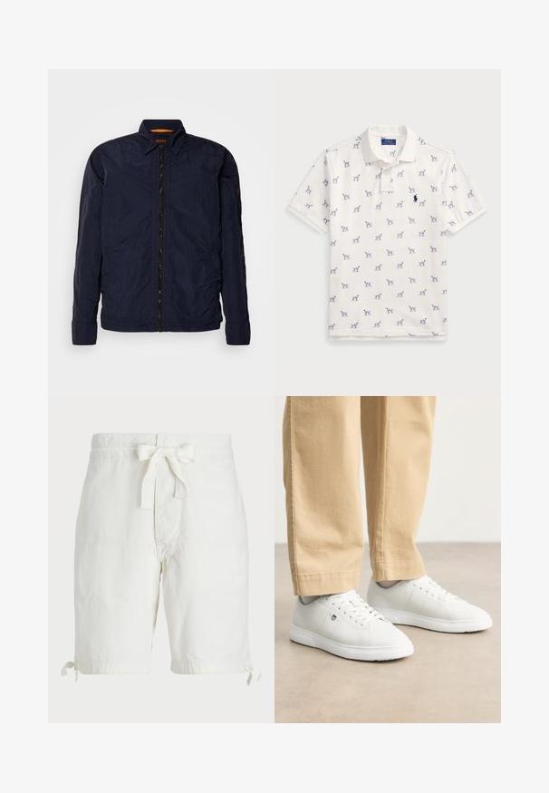 Jūras spēku vieglais jaka ar gludu tekstūru, priekšējo rāvējslēdzēju un apkakles apkakli. Iekšpusē ir zīmola etiķete un šūtas detaļas uz piedurknēm.; Balta polo krekls, kas izgatavots no kokvilnas, ar atkārtotu zilu suņu rakstu un mazu zilu logo uz krūšu daļas. Īsas piedurknes un apkakle.; Baltās kokvilnas šortos ir stingra josta ar auklu, rullēti malumi ar auklām un plakani priekšējie kabatas. Gluda, viegla auduma tekstūra.; Baltas ādas sporta apavi ar gludu virsmu, apaļo purngalu, auklīnēm un smalku logotipa detaļu sānos, kombinēti ar bēšām biksēm.