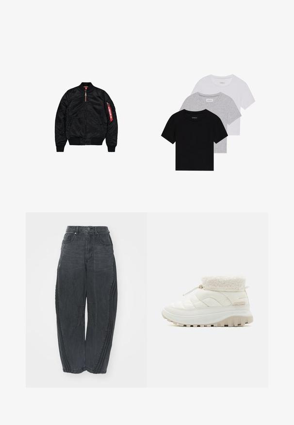 Svart bomberjakke laget av glatt stoff, med glidelås, ribbestrikkede mansjetter og nederkant, sidelommer og et rødt labeldetalj på ermene.; Sett med tre kortermede t-skjorter i svart, grått og hvitt. Laget av bomull, med rund hals og en enkel, ensfarget design.; Baggy svarte denimjeans med en falmet finish, fem lommer, belteknapplukking og sømdetaljer på forsiden og sidene.; Hvit quilted støvel til midt på leggen med krage av falsk pels, elastisk snøring og en tykk gummisåle med dype mønstre for godt grep.