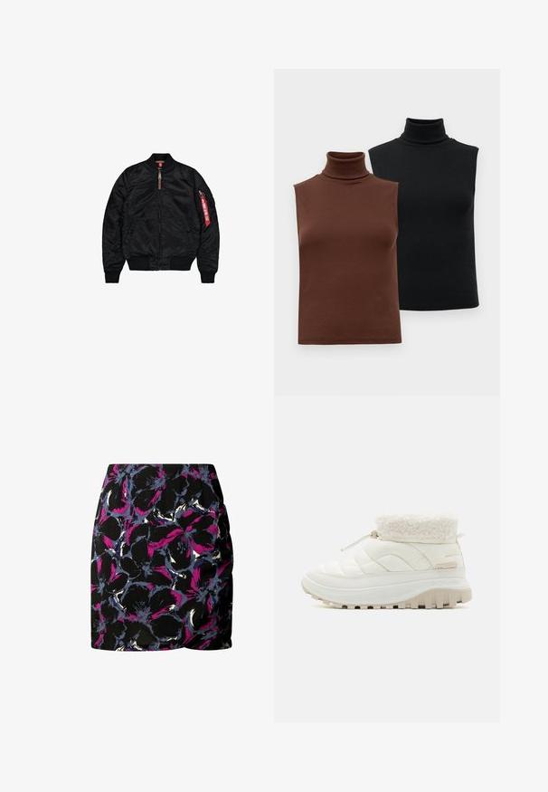 Schwarze Bomberjacke aus glattem Stoff, mit Reißverschluss, gerippten Bündchen und Saum, seitlichen Taschen und einem roten Labeldetail am Ärmel.; Zwei ärmellose, gerippte Rollkragenoberteile in Braun und Schwarz, auf einem schlichten weißen Hintergrund präsentiert.; Schwarzer Rock mit einem floralen Muster in Lila, Blau und Weiß. Aus leichtem Stoff mit figurbetontem Design und gerafften Details.; Weiße, gepolsterte Stiefel bis zur Mitte des Unterschenkels mit einem Kragen aus Kunstfell, elastischem Schnürverschluss und einer dicken Gummisohle mit tiefen Profil für besseren Halt.