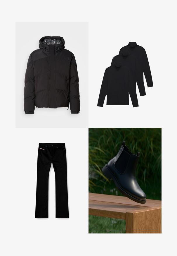 Musternähtud must puffer-jakk, millel on kapuuts, horisontaalsed õmblused ja läikiv sisemine vooder. Sisaldab alläärte ja mansettide reguleerimiseks šnüre.; Kolm musta pika varrukaga turtleneck-särki, korralikult kuhjatud ja kattuvad, ühtlase valge tausta ees.; Mustad sirgedega teksad, millel on ees nupp ja tõmblukk, ees ja taga taskud ning valge silt, mis on nähtav paremas ees taskus.; Mustmustest musta saapad elastsete külgpaneelidega hõljumas puidust pingil, rohelise lehestiku taustal.