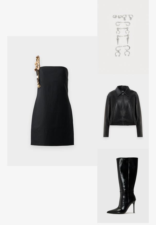 Crna umjetna kožna jakna s punim prednjim zatvaračem, šiljastim ovratnikom i bočnim džepovima, prikazana na bijeloj pozadini.; Crna mini haljina sa strukturiranim, ravnim krojem i dekorativnim detaljem zlatne boje na jednom ramenu. Glatka tekstura tkanine.; Crne kožne čizme do koljena s oštrim vrhom i visokim stiletto potpeticama. Glatka tekstura i sofisticirani dizajn, s minimalnim detaljima.; Set srebrnih naušnica koje sadrže razne dizajne: kružne, naušnice s dugmetom i viseće stilove, s lopticama i oštrim elementima.