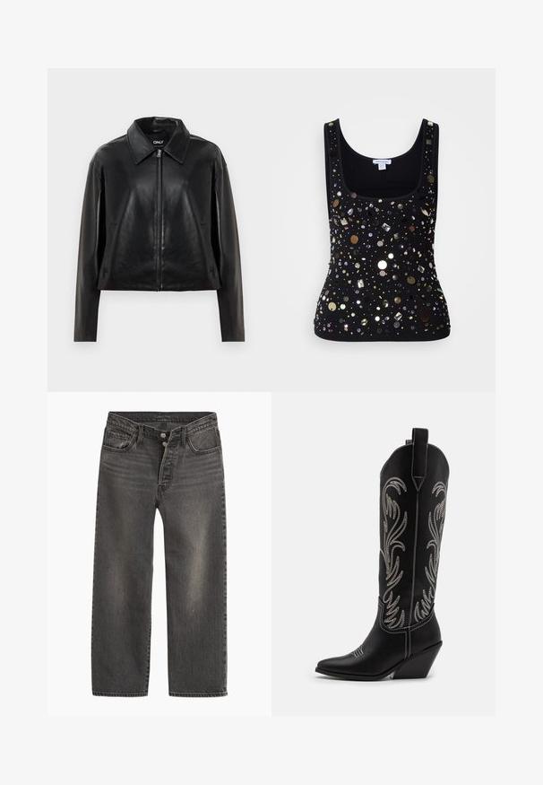 Črna jakna iz umetnega usnja z zadrgo po celotni dolžini spredaj, koničastim ovratnikom in stranskimi žepi, prikazana na beli podlagi.; Črna rebrasta zgornja majica brez rokavov z okroglim izrezom, okrašena z različnimi sijočimi sequini in kroglicami v različnih oblikah in barvah.; Črne kavbojke iz jeansa z ravnim krojem hlačnic, visokim pasom in gumbnim zapiranjem. Značilne so za subtilno bledenje in kontrastno šivanje.; Črne usnjene kavbojske čevlje s koničastimi prsti, klinastimi petami in srebrnimi vezeninami cvetnega vzorca po vsej dolžini. Kontrastno šivanje povsod.