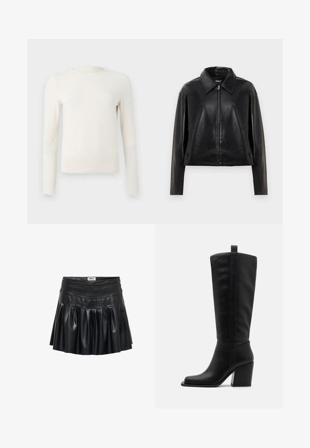 Black faux leather jacket with full front zipper, pointed collar, and side pockets, displayed against a white background.; Long-sleeve, cream-colored fitted top with ruffled crew neckline and hem, displayed on a plain light gray background.; Black faux leather skirt featuring pleats, a fitted waist, and decorative hardware on the sides. Smooth texture with a lustrous finish.; Black leather knee-high boots with a square toe, a tapered heel, and a vertical seam detail along the outer shaft. Smooth texture.