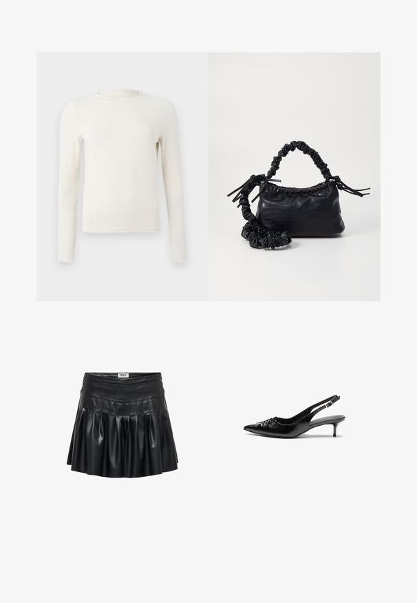 Must must nahkjakkt, millel on täispikk tõmblukk, terav krae ja küljetaskud, esitatud valge tausta taustal.; Pikad varrukad, kreemika värvusega keha lähedalt istuv top, millel on volangidega ümmargune kaelus ja äär, esitatud lihtsal heledatel hallil taustal.; Mustast faux nahast seelik, mis on varustatud voldikute, ülikitsaste puusadega ja dekoratiivsete metalldetailidega külgedel. Sile tekstuur läikiva viimistlusega.; Mustad nahast rihmikud terava nina, madala kassisaba kand ja volditud detailiga eespool. Siledat tekstuuri ja minimalistlikku disaini.; Must must sünteetilisest nahast käekott, millel on krokodillimuster, kokku tõmmatav ülaosa ja kortsus rihm. Tundub pehme ja kompaktne disain.
