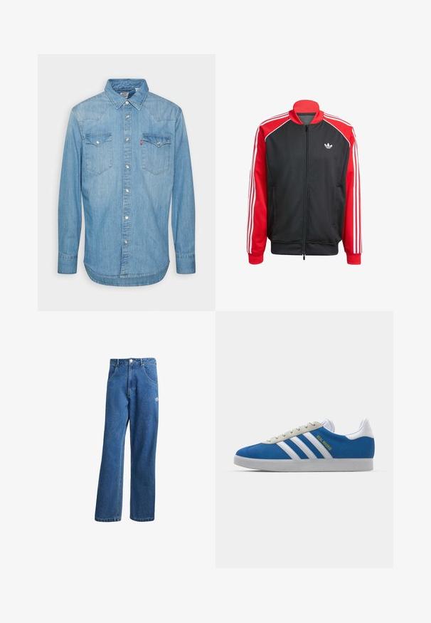 Zwarte mesh jas met rode mouwen, voorzien van drie witte strepen op elke mouw en een klein wit logo op de borst. Ritssluiting.; Lichtblauw denim shirt met lange mouwen, puntige kraag en twee borstzakken. Voorzien van knoopsluiting en een afgeronde zoom.; Blauwe hoge taille wijde spijkerbroek met voorzakken, riemlussen, knoopsluiting en klein Adidas-logo op de rechterdij.; adidas Originals ADIDAS GAZELLE SHOES - Zaalvoetbalschoenen - real madrid/bluebird/footwear white/crew yellow
