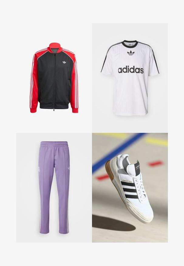 Černá síťovaná bunda s červenými rukávy, se třemi bílými pruhy na každém rukávu a malým bílým logem na hrudi. Zapínání na zip.; Bílý tričko Adidas s černými akcenty, kulatým výstřihem a velkým černým logem na přední straně. Krátké rukávy s černými pruhy. Texturovaná látka.; adidas Originals REAL MADRID OG BECKENBAUER TRACKPANT - Klubové oblečení - magic lilac/white; Bílé tenisky Adidas Mundial Goal s černými pruhy a gumovou podrážkou, zobrazené ve vzduchu nad sportovním hřištěm s barevnými čarami.