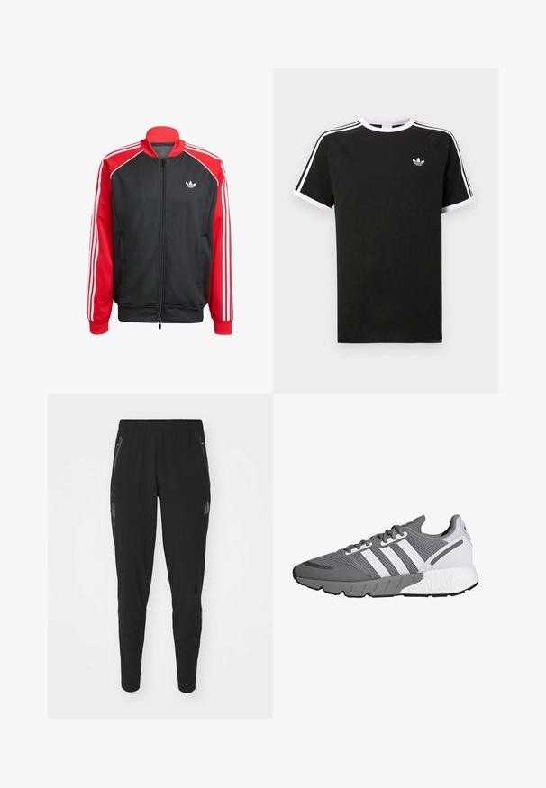 Fekete hálós dzseki piros ujjakkal, mindkét ujjon három fehér csíkkal és egy kis fehér logóval a mellkason. Cipzáras záródás.; Fekete, pamutból készült póló, fehér díszítéssel. Rövid ujjú, raglan fazonú, a mellkasán kis logóval. Három fehér csík az vállakon.; Fekete sportnadrág, szűkített fazonnal. Jellemzői közé tartozik a rugalmas derékbőség, oldalsó cipzáras zsebek, és egy logó a bal lábszáron. Sima textúra.; Szürke és fehér sportcipő, hálós felső résszel, három fehér csíkkal, párnázott talppal és texturált szürke gumitalppal.