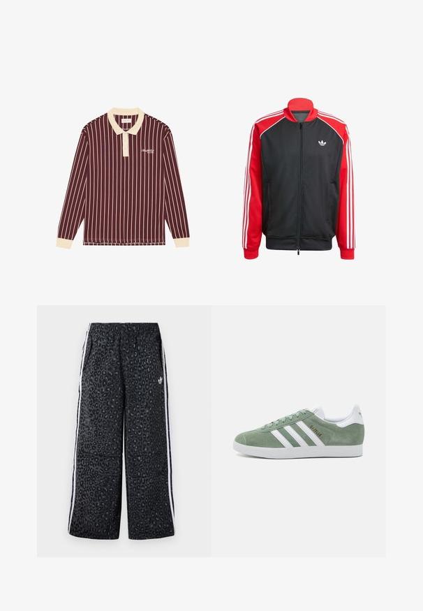 Jachetă neagră din plasă cu mâneci roșii, având trei dungi albe pe fiecare mânecă și un mic logo alb pe piept. Închidere cu fermoar.; Polo de culoare burgundă cu mânecă lungă, cu dungi verticale crem, guler crem și logo brodat pe piept, având manșete cu nervuri.; adidas Originals GRAPHIC UNISEX - Pantaloni de trening - black; Tenisi verzi din suede cu accente albe din piele, având trei dungi albe, vârf rotund și o talpă din cauciuc texturată. Detaliu de branding aurie.