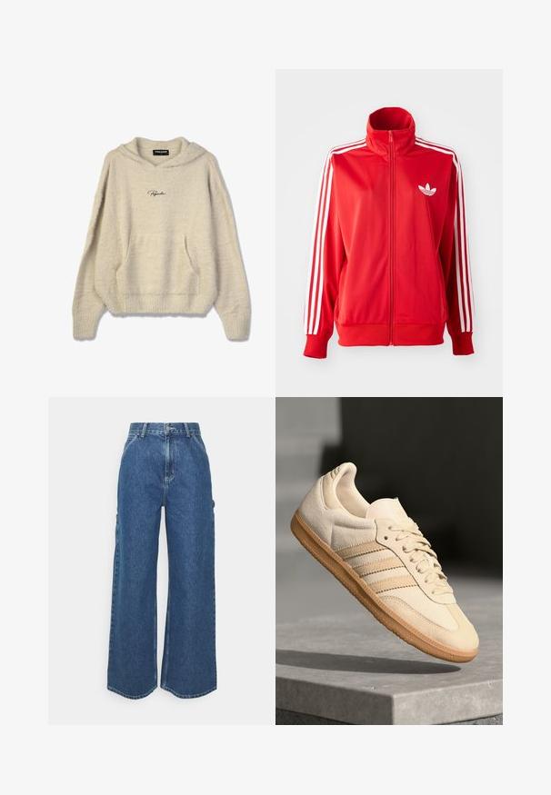 Jachetă de sport roșie cu fermoar, realizată dintr-un material neted, cu accente albe în trei dungi pe mâneci și un mic logo alb pe piept.; Hanorac bej pufoș cu buzunar frontal, manșete cu nervuri și glugă cu șnur. Prezintă logo-ul "Pegador" în negru pe piept.; Pantaloni din denim albastru cu talie înaltă și picioare largi, cu o cusătură contrastantă și buzunare laterale, având un design clasic cu cinci buzunare și margini brut.; Sneaker din suède bej deschis, cu talpă din cauciuc, trei dungi diagonale și o capacă texturată pentru degete. Prezintă logo pe limbă și pe lateral.