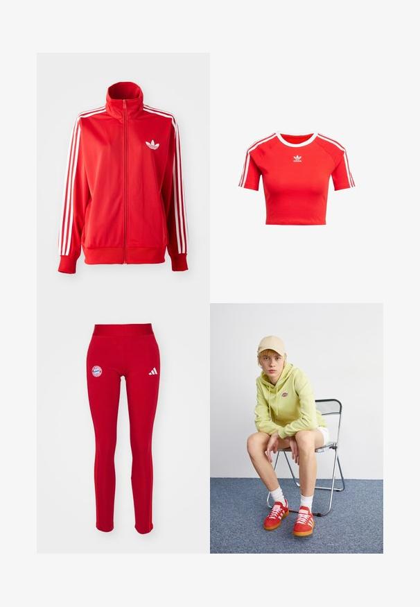 Červená sportovní bunda na zip vyrobená z hladkého materiálu, s bílými třemi pruhy na rukávech a malým bílým logem na hrudi.; Červené krátké tričko vyrobené z bavlny, má krátké rukávy s bílými pruhy a bílý límeček, a na přední straně má bílé logo Adidas.; adidas Performance FC BAYERN M�NCHEN WMN TIGHT - Klubové oblečení - team power red; Světle zelená mikina s logem, bílé kraťasy, červené tenisky s bílými pruhy, sedící na chromové skládací židli na neutrálním pozadí.