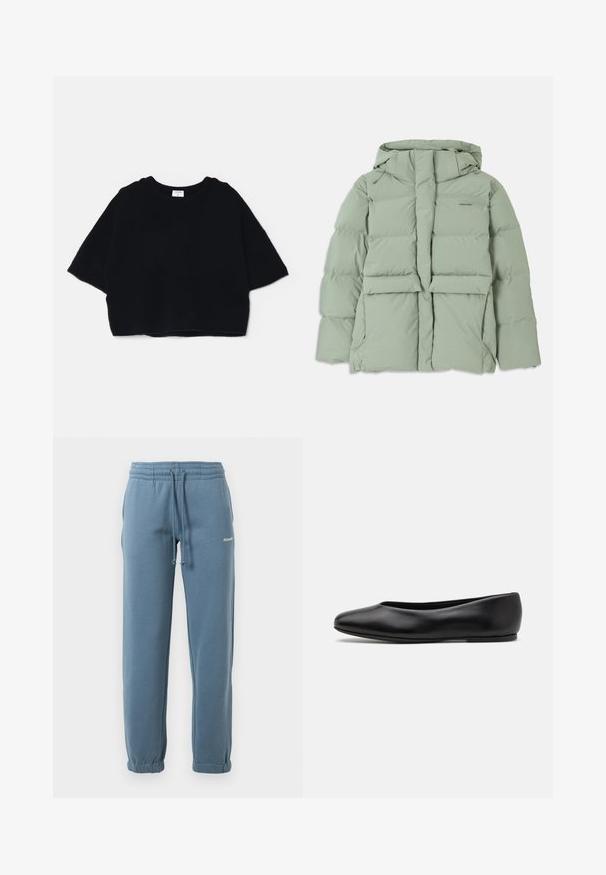 Vaaleanvihreä puffatakki hupulla, jossa on vetoketjukiinnitys, kaksi etutaskua ja tikattu muotoilu. Sileä, mattapintainen viimeistely.; Musta lyhytsiippinen neulepaita, joka on valmistettu pehmeästä kankaasta, ja jossa on pyöreä kaula-aukko ja lyhyet, leveät hihat. Yksinkertainen, minimalistinen muotoilu.; Musta lyhytnukkainen t-paita, joka on valmistettu puuvillasta. Paita on varustettu pyöreällä kaula-aukolla sekä pienellä logolla vasemmassa rinnassa. Pinta on sileä ja muotoilu rento.; Siniset joustavat vyötäröjöhovat, joissa on säädettävä nauha, sivutaskut, joustavat hihnat ja pieni valkoinen logo vasemmassa reidessä.; Paul Smith TOPANGA - Ballerinat - black