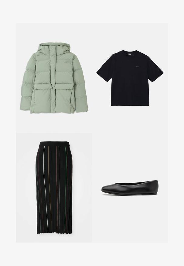 Lichtgroene pufferjas met capuchon, met een ritssluiting, twee voorzakken en een gewatteerd ontwerp. Gladde, matte afwerking.; Zwarte t-shirt met korte mouwen van katoen, met een ronde halslijn en een klein logo op de linkerborst. Soepele textuur en relaxte pasvorm.; Zwarte geplooide rok met verticale strepen in geel, oranje, rood, groen en wit. Heeft een aansluitende tailleband en een iets ongelijkmatige zoom.; Paul Smith TOPANGA - Ballerina's - black