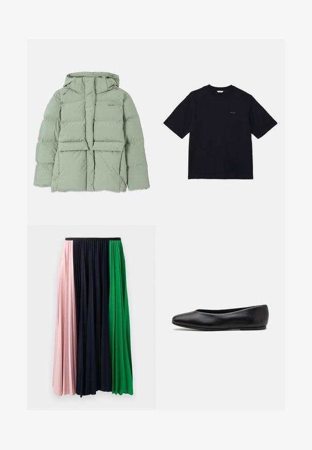 Light green puffer jacket with a hood, featuring a zip closure, two front pockets, and a quilted design. Smooth, matte finish.; Black short-sleeve t-shirt made of cotton, featuring a crew neckline and a small logo on the left chest. Smooth texture and relaxed fit.; Pleated skirt featuring panels in pink, navy, and green. Made of soft fabric with an elasticated waistband for a comfortable fit.; Paul Smith TOPANGA - Ballet pumps - black