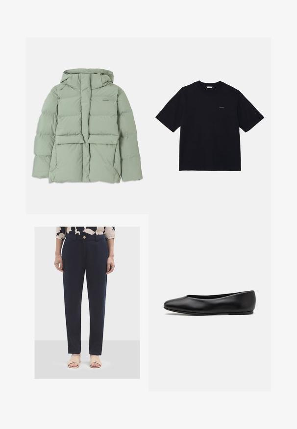 Světle zelená péřová bunda s kapucí, vybavená zipovým uzávěrem, dvěma předními kapsami a prošívaným designem. Hladký, matný povrch.; Černé tričko s krátkým rukávem vyrobené z bavlny, s kulatým výstřihem a malým logem na levé straně hrudi. Hladká textura a uvolněný střih.; Námořnické modré, vypasované kalhoty s hladkým předním dílem, zapínáním na knoflík a rovnými nohavicemi. Nosené s světle béžovými sandály na řemínky.; Paul Smith TOPANGA - Klasické baleríny - black