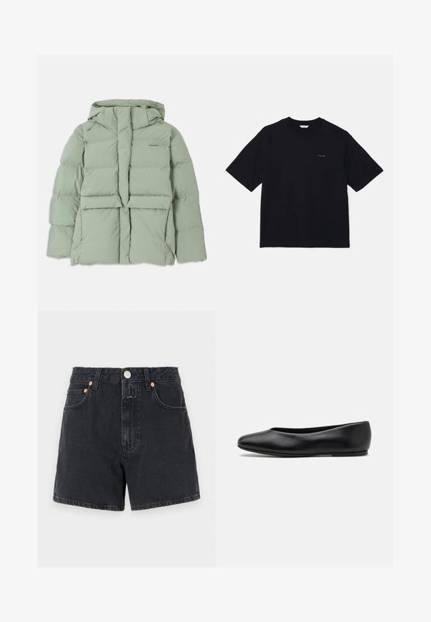 Light green puffer jacket with a hood, featuring a zip closure, two front pockets, and a quilted design. Smooth, matte finish.; Black short-sleeve t-shirt made of cotton, featuring a crew neckline and a small logo on the left chest. Smooth texture and relaxed fit.; CLOSED JANEY - Denim shorts - dark grey; Paul Smith TOPANGA - Ballet pumps - black