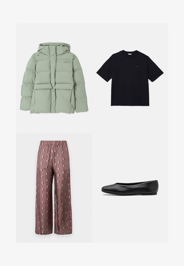 Light green puffer jacket with a hood, featuring a zip closure, two front pockets, and a quilted design. Smooth, matte finish.; Black short-sleeve t-shirt made of cotton, featuring a crew neckline and a small logo on the left chest. Smooth texture and relaxed fit.; MM by MaxMara BOA - Trousers - mauve; Paul Smith TOPANGA - Ballet pumps - black