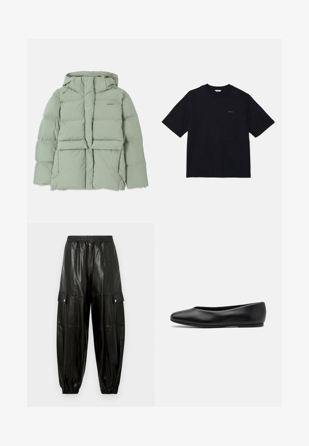 Light green puffer jacket with a hood, featuring a zip closure, two front pockets, and a quilted design. Smooth, matte finish.; Black short-sleeve t-shirt made of cotton, featuring a crew neckline and a small logo on the left chest. Smooth texture and relaxed fit.; Black faux leather cargo pants with elastic waistband, snap-button flap pockets on sides, and elastic cuffs at ankles.; Paul Smith TOPANGA - Ballet pumps - black