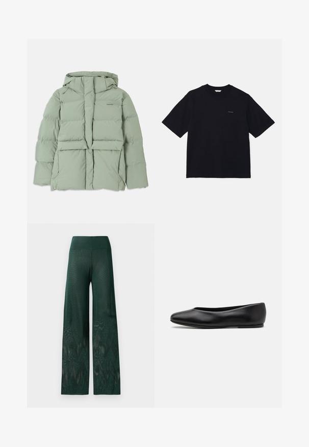 Lyst grøn pufferjakke med hætte, der har lynlås lukning, to forlommer og en quiltet design. Glat, mat overflade.; Sort kortærmet t-shirt lavet af bomuld, med rund hals og et lille logo på venstre bryst. Glat tekstur og afslappet pasform.; Grønne vide bukser i let mesh med et zigzag-mønster forneden. Har en glat linning for komfort.; Paul Smith TOPANGA - Ballerinasko - black