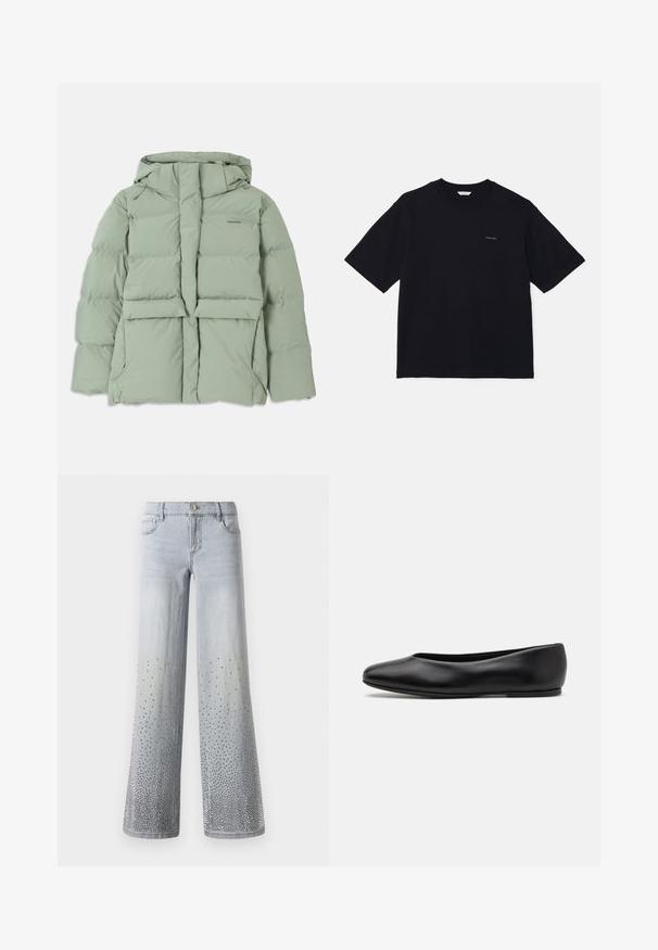 Šviesiai žalia pūkinė striukė su kapišonu, turinti užtrauktuką, dvi priekinės kišenes ir siuvinėtą dizainą. Lygi, matinė apdaila.; Juodas trumpas rankovėmis marškinėliai, pagaminti iš medvilnės, su apvalia iškirpte ir mažu logotipu kairėje krūtinės pusėje. Lygus tekstūros ir laisvas kirpimas.; Šviesiai mėlyni plačiaaukščiai džinsai su laipsnišku ombre efektu, papuošti sidabro detalėmis apatinėje dalyje.; Paul Smith TOPANGA - Balerinos stiliaus laivutės - black