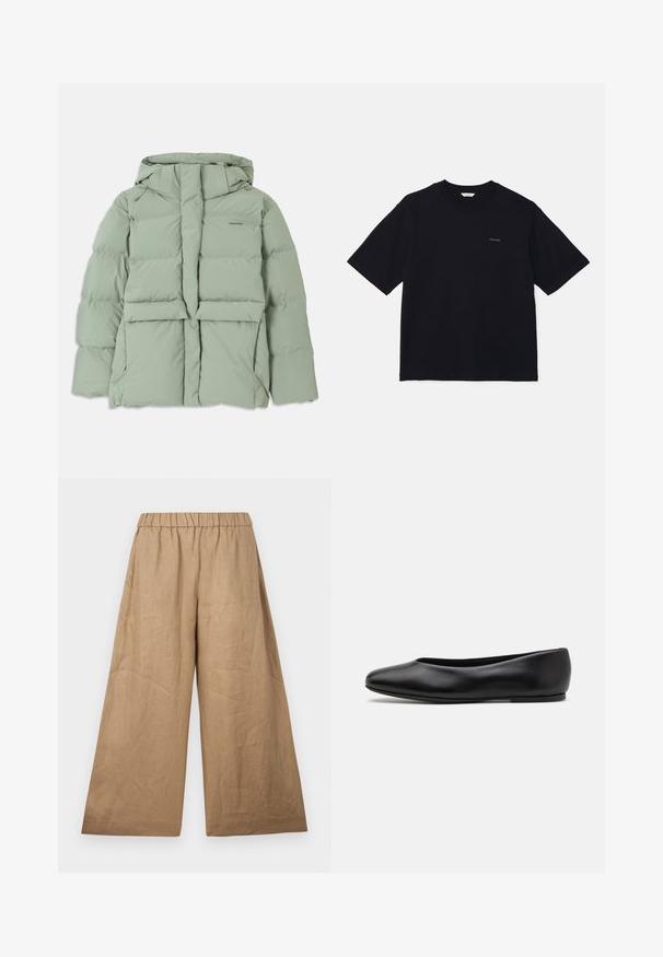 Helle grüne Pufferjacke mit Kapuze, ausgestattet mit einem Reißverschluss, zwei Fronttaschen und einem gesteppten Design. Glatte, matte Oberfläche.; Schwarzes Kurzarm-T-Shirt aus Baumwolle mit Rundhalsausschnitt und kleinem Logo auf der linken Brust. Glatte Textur und lockerer Schnitt.; Leinen-Hose mit weitem Bein in einem hellbraunen Farbton, ausgestattet mit einem gerafften elastischen Bund und einer glatten, strukturierten Oberfläche.; Paul Smith TOPANGA - Klassischer Ballerina - black