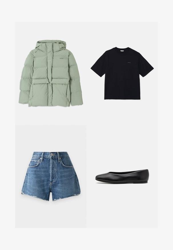 Chaqueta de plumas verde claro con capucha, que presenta un cierre de cremallera, dos bolsillos frontales y un diseño acolchado. Acabado suave y mate.; Camiseta negra de manga corta hecha de algodón, con un cuello redondo y un pequeño logo en el lado izquierdo del pecho. Textura suave y corte relajado.; Shorts de mezclilla de tiro alto en azul claro, con un dobladillo deshilachado, cinco bolsillos y cierre de botón de metal. Hechos de un material de algodón resistente.; Paul Smith TOPANGA - Bailarinas - black