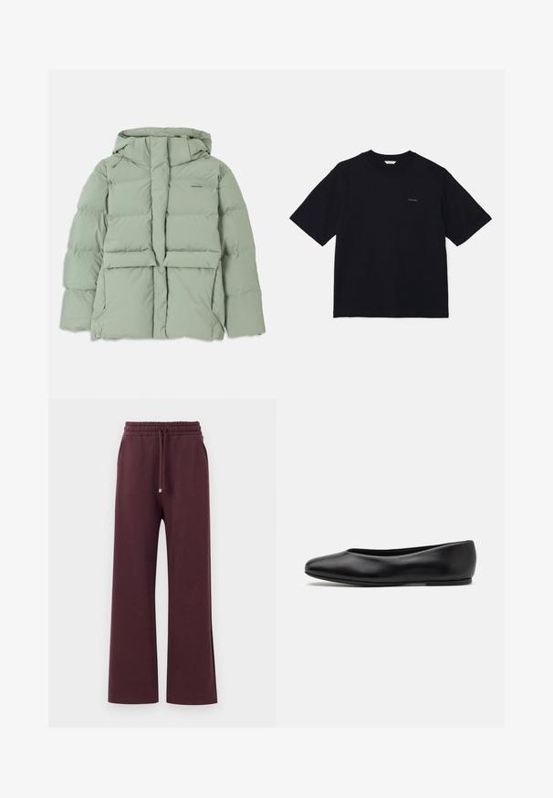 Lichtgroene pufferjas met capuchon, met een ritssluiting, twee voorzakken en een gewatteerd ontwerp. Gladde, matte afwerking.; Zwarte t-shirt met korte mouwen van katoen, met een ronde halslijn en een klein logo op de linkerborst. Soepele textuur en relaxte pasvorm.; Bordeaux wijdvallende broek met een elastische tailleband, trekkoord en zijzakken. Gemaakt van zachte, gladde stof met een relaxed fit.; Paul Smith TOPANGA - Ballerina's - black