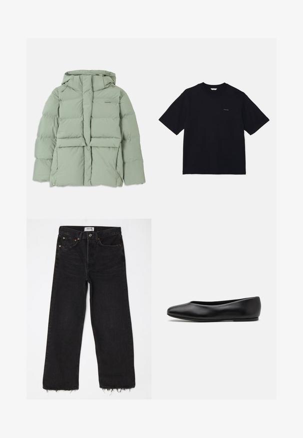 Svetlozeleni puhovka s kapuco, z zipperskim zapiranjem, dvema sprednjima žepoma in prešitimi detajli. Gladek, mat zaključek.; Črna kratka majica s kratkimi rokavi, izdelana iz bombaža, z okroglim izrezom in majhnim logotipom na levem prsnem delu. Gladka tekstura in sproščen kroj.; Črne široke hlače z visoko pasom in raztrganim robom, pet žepov in kovinskim gumbom za zapiranje. Narejene iz jeansa z rahlo teksturo.; Paul Smith TOPANGA - Balerinke - black