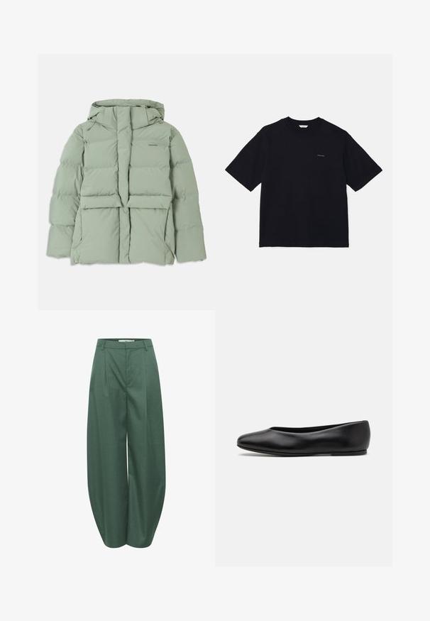 Light green puffer jacket with a hood, featuring a zip closure, two front pockets, and a quilted design. Smooth, matte finish.; Black short-sleeve t-shirt made of cotton, featuring a crew neckline and a small logo on the left chest. Smooth texture and relaxed fit.; Gestuz CALLIA BARREL PANTS - Trousers - posy green melange; Paul Smith TOPANGA - Ballet pumps - black