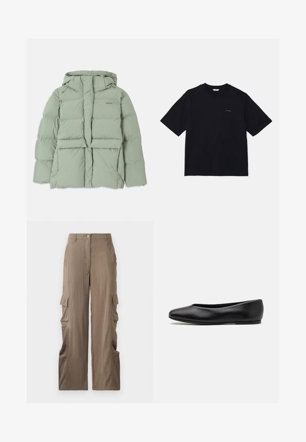 Helle grüne Pufferjacke mit Kapuze, ausgestattet mit einem Reißverschluss, zwei Fronttaschen und einem gesteppten Design. Glatte, matte Oberfläche.; Schwarzes Kurzarm-T-Shirt aus Baumwolle mit Rundhalsausschnitt und kleinem Logo auf der linken Brust. Glatte Textur und lockerer Schnitt.; Cargo-Hosen aus leichtbraunem Stoff mit geradem Bein, zwei seitlichen Taschen und zwei Cargo-Taschen an den Oberschenkeln.; Paul Smith TOPANGA - Klassischer Ballerina - black