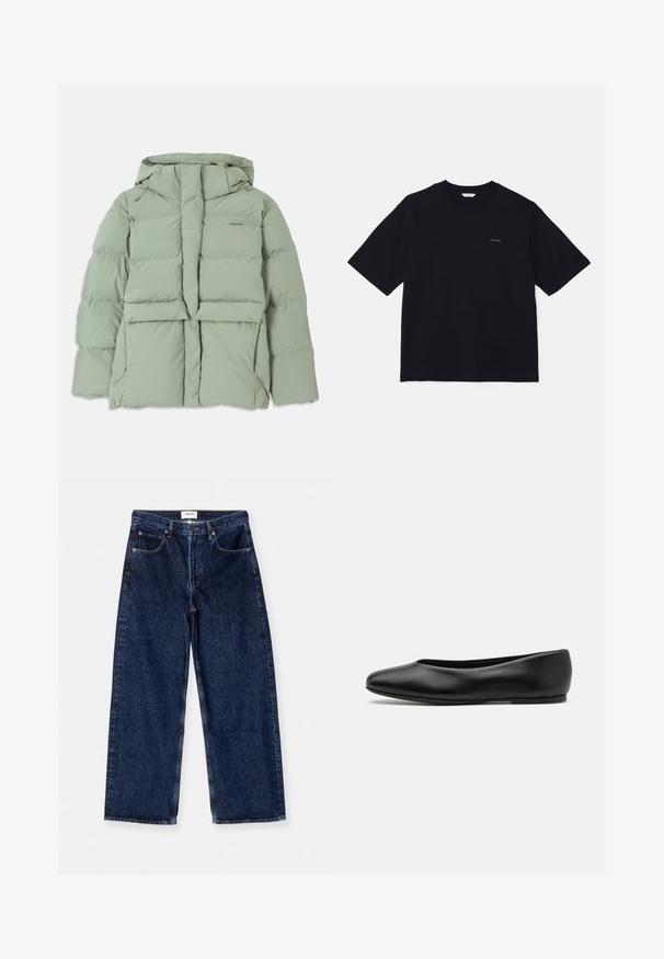 Vaaleanvihreä puffatakki hupulla, jossa on vetoketjukiinnitys, kaksi etutaskua ja tikattu muotoilu. Sileä, mattapintainen viimeistely.; Musta lyhytnukkainen t-paita, joka on valmistettu puuvillasta. Paita on varustettu pyöreällä kaula-aukolla sekä pienellä logolla vasemmassa rinnassa. Pinta on sileä ja muotoilu rento.; Tummansiniset farkut, joissa on leveät lahkeet, korkea vyötärö, etutaskut ja sileä tekstuuri, jossa on hienovaraisia ompelutäydennyksiä.; Paul Smith TOPANGA - Ballerinat - black