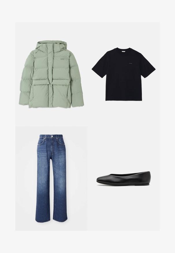 Helle grüne Pufferjacke mit Kapuze, ausgestattet mit einem Reißverschluss, zwei Fronttaschen und einem gesteppten Design. Glatte, matte Oberfläche.; Schwarzes Kurzarm-T-Shirt aus Baumwolle mit Rundhalsausschnitt und kleinem Logo auf der linken Brust. Glatte Textur und lockerer Schnitt.; Weite blaue Denim-Jeans mit hoher Taille, fünf Taschen und silbernem Knopfverschluss. Der Stoff hat eine glatte Textur mit dezenten Ausbleichungen.; Paul Smith TOPANGA - Klassischer Ballerina - black