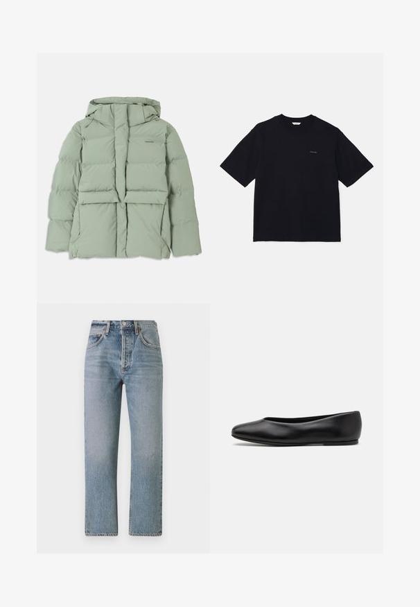 Light green puffer jacket with a hood, featuring a zip closure, two front pockets, and a quilted design. Smooth, matte finish.; Black short-sleeve t-shirt made of cotton, featuring a crew neckline and a small logo on the left chest. Smooth texture and relaxed fit.; Light blue denim jeans with a straight fit, high waist, and classic five-pocket design. Features subtle fading and a zip fly.; Paul Smith TOPANGA - Ballet pumps - black