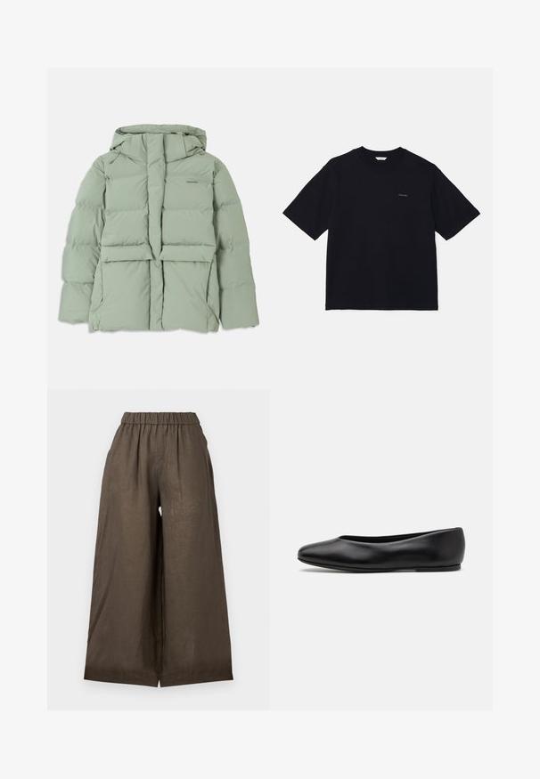 Light green puffer jacket with a hood, featuring a zip closure, two front pockets, and a quilted design. Smooth, matte finish.; Black short-sleeve t-shirt made of cotton, featuring a crew neckline and a small logo on the left chest. Smooth texture and relaxed fit.; Brown linen wide-leg pants with an elastic waistband, featuring a loose fit and clean lines, suitable for casual or relaxed wear.; Paul Smith TOPANGA - Ballet pumps - black