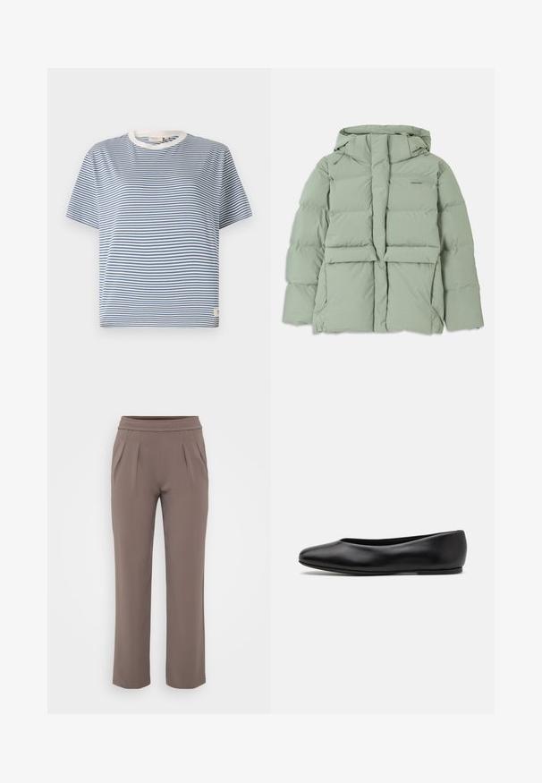 Vaaleanvihreä puffatakki hupulla, jossa on vetoketjukiinnitys, kaksi etutaskua ja tikattu muotoilu. Sileä, mattapintainen viimeistely.; Sininen ja valkoinen raitapaita lyhyillä hihoilla, pyöreällä kaula-aukolla ja pienellä tarralla alaosassa. Valmistettu kevyestä kankaasta.; Harmaat löysät housut, joissa on joustava vyötärö ja etutaskut, valmistettu sileästä kankaasta.; Paul Smith TOPANGA - Ballerinat - black