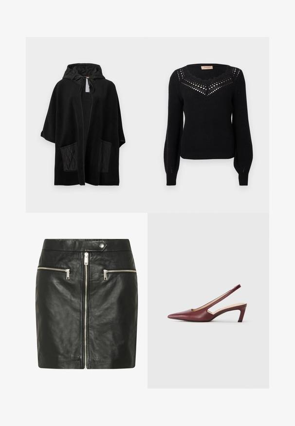 Čierny kapucňový pončo z mäkkej látky s prešívanými čiernymi vreckami, vybavený otvoreným predným dielom a kapucňou so šnúrkami.; Čierny sveter s rebrovanou textúrou, výstrihom so zubatým okrajom a otvoreným detailom na hrudi. Dlhé rukávy a priliehavý pás.; Čierna kožená sukňa s predným zipsom a dvoma zipsovými vreckami. Hladká textura s priliehavým strihom a sponou na páse.; Burgundské slingback podpätky s špicatou špičkou, vykrojené detaily po stranách a stredne vysokým blokovým podpätkom. Hladký kožený povrch.