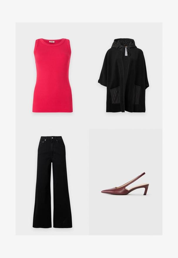 Sort hætteponcho af blødt stof med quiltede sorte lommer, der har en åben front og hætte med snøre.; Sort sweater med ribbet tekstur, bølget udskæring og hulmønster ved brystet. Lange ærmer og tætsiddende talje.; Fittet, ærmeløs top lavet af ribbet stof i klar pink. Har en rund halsudskæring og en glat tekstur med rene kanter.; Sorte jeans med vide ben lavet af denim, med høj talje, fem lommer, knaplukning foran og minimal syning.; Bordeaux slingback hæle med spids tå, udskæringsdetaljer på siden og en midt-høj blokhæl. Glat læderfinish.