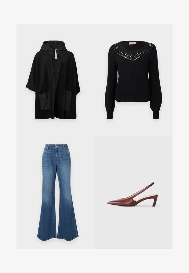 Poncho à capuche noir en tissu doux avec des poches matelassées noires, présentant un devant ouvert et une capuche avec cordon de serrage.; Pull noir avec une texture côtelée, encolure festonnée et détail ajouré au niveau de la poitrine. Manches longues et taille ajustée.; Jean évasé bleu en denim classique, taille haute, avec un dégradé subtil et une ouverture large à la cheville, sans ornements visibles.; Escarpins bordeaux à bride arrière avec un bout pointu, des découpes sur le côté et un talon bloc de hauteur moyenne. Finition en cuir lisse.