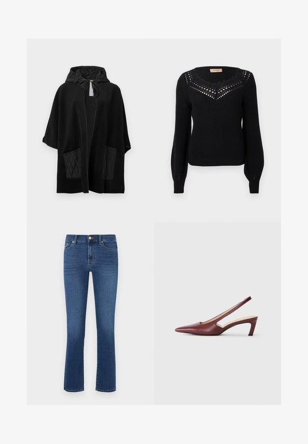 Juodas gobtuvuotas pončas iš minkštos medžiagos su juodomis siūtomis kišenėmis, atvira priekiu ir raišteliu reguliuojamu gobtuvu.; Juodas megztinis su briaunotu paviršiumi, išlenktu iškirpte ir megzto rašto detalėmis krūtinės srityje. Ilgos rankovės ir prigludusi liemens dalis.; Mėlyni platėjantys džinsai, pagaminti iš džinsinio audinio, su klasikinio penkių kišenių dizainu, užtrauktuku ir žalvariniu mygtuku. Lygus paviršius ir vienoda spalva.; Burgundiškai raudoni slingback aukštakulniai bateliai su smailiu pirštu, išpjovimais šonuose ir vidutinio aukščio blokiniu kulnu. Lygus odos paviršius.