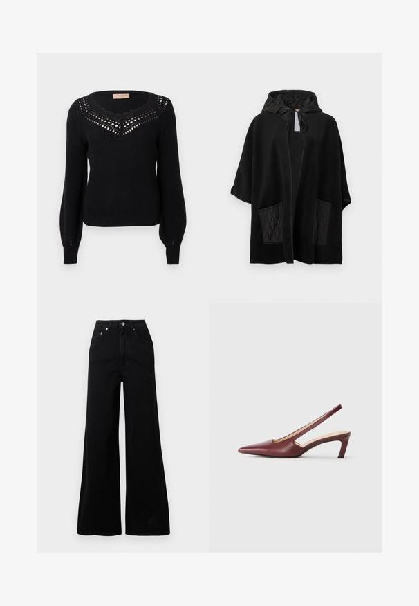 Černý pončo s kapucí z měkké látky s prošívanými černými kapsami, s otevřeným předním dílem a kapucí se stahovací šňůrkou.; Černý svetr s žebrovanou texturou, vroubkovaným výstřihem a průstřihy na hrudi. Dlouhé rukávy a přiléhavý pas.; Černé kalhoty s širokými nohavicemi z denimu, s vysokým pasem, pěti kapsami, zapínáním na přední knoflíky a minimálními šicimi detaily.; Vínové slingback podpatky s špičatou špičkou, výřezy na straně a středně vysokým blokovým podpatkem. Hladký kožený povrch.