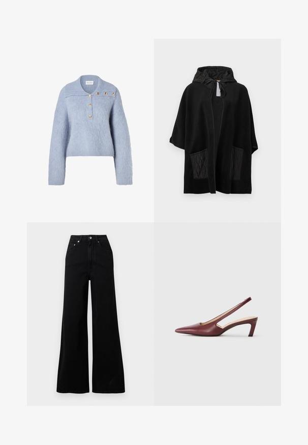 Poncho negro con capucha hecho de tela suave con bolsillos acolchados negros, con abertura frontal y capucha con cordón.; Suéter de punto suave azul claro con cuello tipo polo, con cuatro botones de tono dorado en la tapeta y una silueta cuadrada.; Vaqueros negros de pierna ancha hechos de mezclilla, con cintura alta, cinco bolsillos, cierre frontal con botones y detalles de costura mínimos.; Zapatos de tacón burgundy con parte trasera descubierta, punta afilada, detalles recortados en los laterales y tacón en bloque de altura media. Acabado en piel suave.