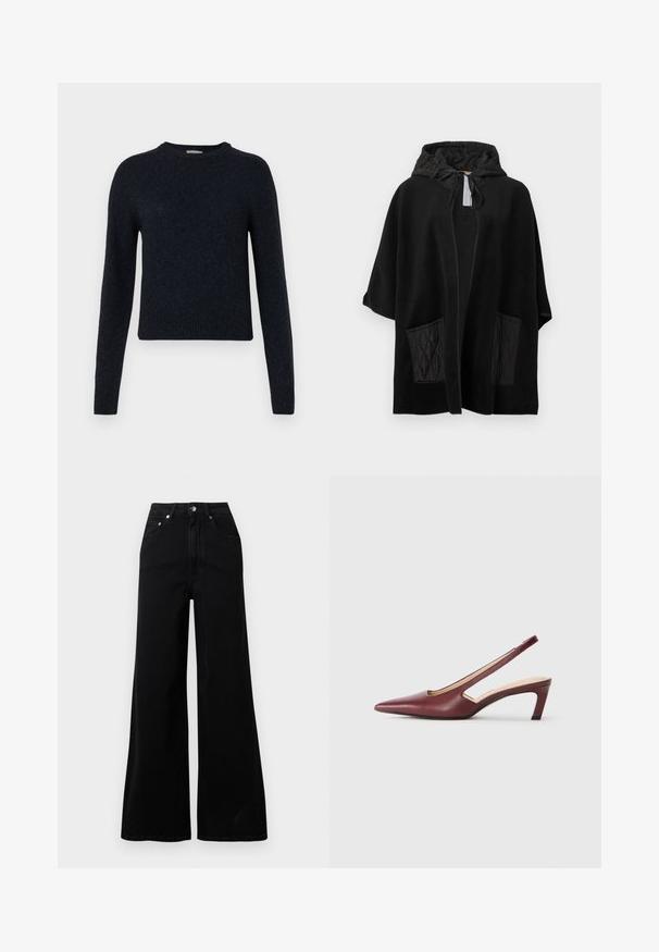 Poncho preto com capuz, feito de tecido macio e com bolsos pretos acolchoados, apresentando frente aberta e capuz com cordão.; Pulôver azul-marinho feito de um tecido de malha suave; apresenta um decote redondo, mangas longas e punhos e barra canelados.; Jeans pretos de ganga com perna larga, cintura alta, cinco bolsos, fecho frontal de botões e detalhes mínimos de costura.; Sapatos de salto slingback em bordeaux com bico pormenorizado, detalhes recortados na lateral e um salto quadrado de altura média. Acabamento em pele suave.