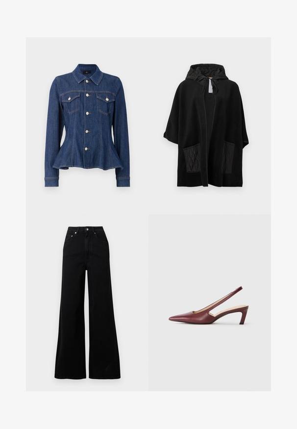 Black hooded poncho made of soft fabric with quilted black pockets, featuring an open front and drawstring hood.; Dark blue denim jacket with a fitted waist, button front, two chest pockets, and long sleeves. Features peaked collar and subtle stitching details.; Black wide-leg jeans made from denim, featuring a high waist, five pockets, front button closure, and minimal stitching details.; Burgundy slingback heels with a pointed toe, cutout details on the side, and a mid-height block heel. Smooth leather finish.