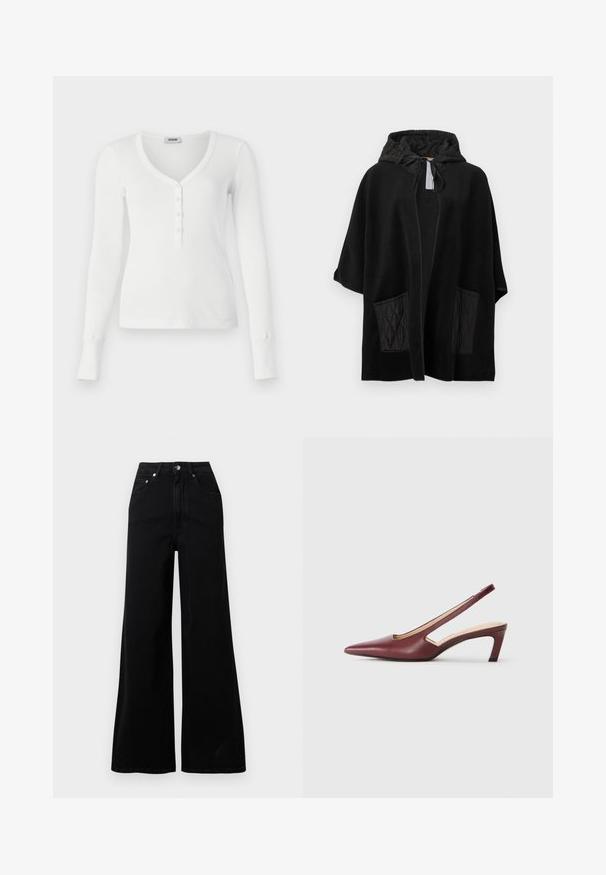 Sort hætteponcho af blødt stof med quiltede sorte lommer, der har en åben front og hætte med snøre.; Hvid langærmet ribbet henley-top med V-udskæring og fem knaplukninger. Har tætsiddende manchetter og en glat tekstur.; Sorte jeans med vide ben lavet af denim, med høj talje, fem lommer, knaplukning foran og minimal syning.; Bordeaux slingback hæle med spids tå, udskæringsdetaljer på siden og en midt-høj blokhæl. Glat læderfinish.