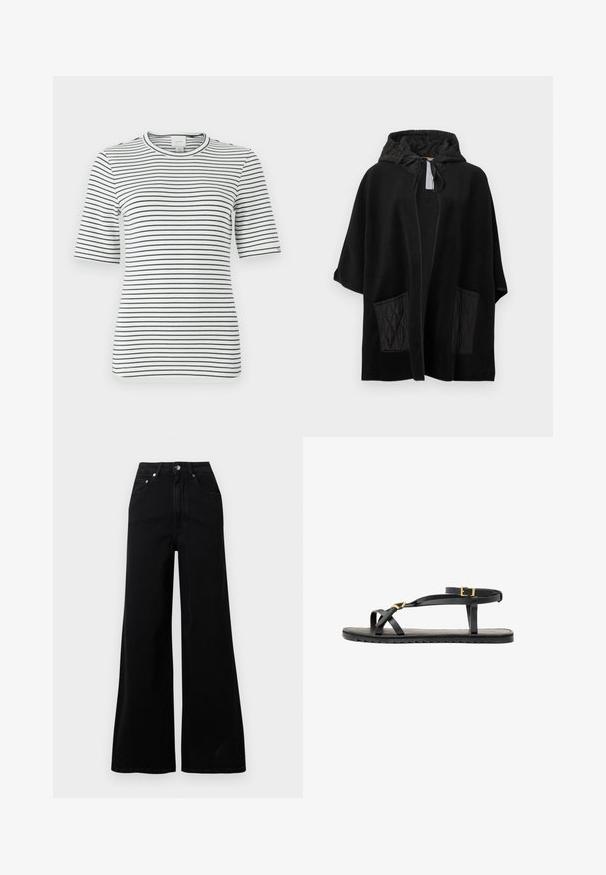Poncho nero con cappuccio realizzato in tessuto morbido con tasche nere trapuntate, caratterizzato da fronte aperta e cappuccio con coulisse.; T-shirt a righe a maniche corte in bianco e blu navy. Presenta un collo rotondo e un tessuto morbido ed elastico con righe orizzontali in tutto il capo.; Jeans neri a gamba larga realizzati in denim, con vita alta, cinque tasche, chiusura frontale con bottoni e dettagli di cuciture minimaliste.; Sandali neri in pelle con sottili cinturini e una cinghia alla caviglia con fibbia. Suola piatta con una finitura texturizzata e bordo a zigzag. Design minimalista.