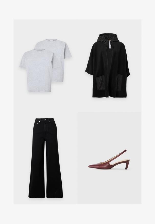 Poncho preto com capuz, feito de tecido macio e com bolsos pretos acolchoados, apresentando frente aberta e capuz com cordão.; Duas t-shirts de mangas curtas em cinza claro, feitas de tecido suave, com um decote redondo e um corte relaxado. Cada camisa tem um detalhamento minimalista.; Jeans pretos de ganga com perna larga, cintura alta, cinco bolsos, fecho frontal de botões e detalhes mínimos de costura.; Sapatos de salto slingback em bordeaux com bico pormenorizado, detalhes recortados na lateral e um salto quadrado de altura média. Acabamento em pele suave.