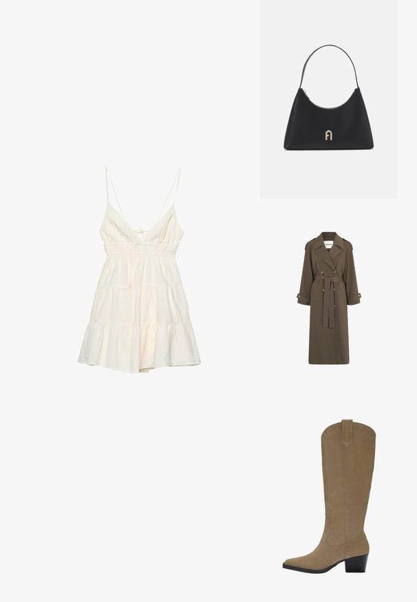 Lange, olijfgroene trenchcoat van een lichtgewicht stof. Beschikt over een dubbele knopenlijst aan de voorkant, een tailleband en schouderepauletten.; Lichte crèmekleurige jurk zonder mouwen met dunne spaghettibandjes, een diepe V-hals, een smocktail en een tiered rimpelrok. Gemaakt van een textuur katoenmix.; Kniehoge tan suède laarzen met een puntige neus, een gestapelde hak en stiksel details langs de zijkanten. Smooth texture en gestructureerd ontwerp.; Zwarte leren handtas met een gebogen vorm, een korte handgreep, gouden hardware en een rits aan de bovenkant. Bevat een logo-accent aan de voorkant.