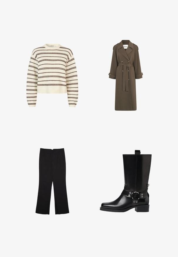 Lange, olijfgroene trenchcoat van een lichtgewicht stof. Beschikt over een dubbele knopenlijst aan de voorkant, een tailleband en schouderepauletten.; Lichtbeige sweater met donkerbruine horizontale strepen. Heeft een ronde hals en ribgebreide manchetten en onderkant. Zachte textuur, cropped fit.; Zwarte broek met een rechte pasvorm, voorzien van zijzakken en plooien aan de onderzijde. Gemaakt van zachte, gladde stof. Geschikt voor verschillende gelegenheden.; Zwarte leren kniehoog laars met een puntige neus, zilverkleurige gesp accentuaties en een stevige hak. Beschikt over een trekband voor eenvoudig aan- en uittrekken.